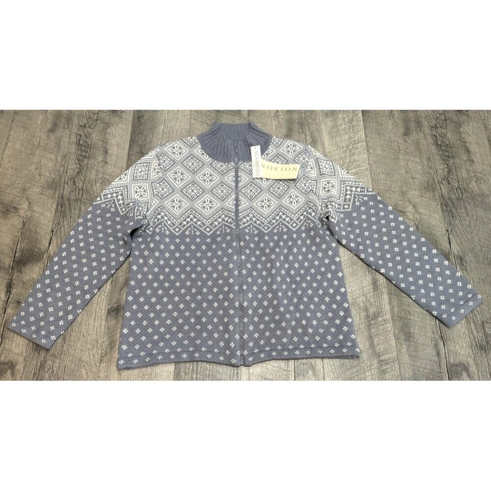 Norton Wool Sweater Cardigan Womens Medium Wool Blend Blue Fair Isle Zip NEW